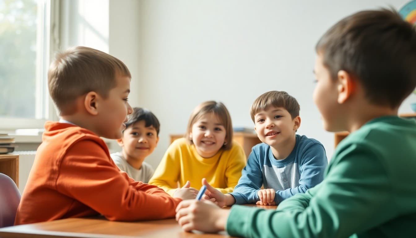 Students practicing conversation and cooperation skills in a small group setting