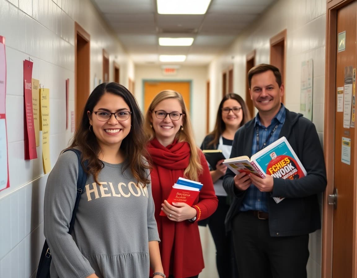 School social work team members in hallway with resource materials and welcoming expressions