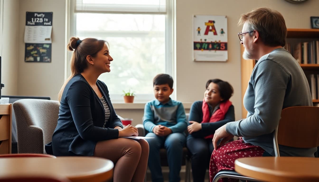 School social worker meeting with student and family in comfortable school office setting