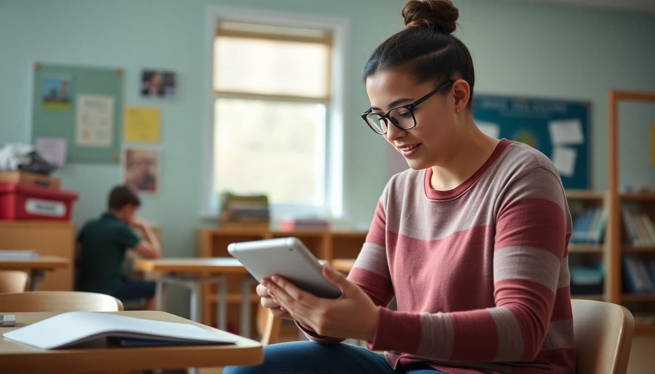 Special education teacher working one-on-one with a student using a tablet in a resource room