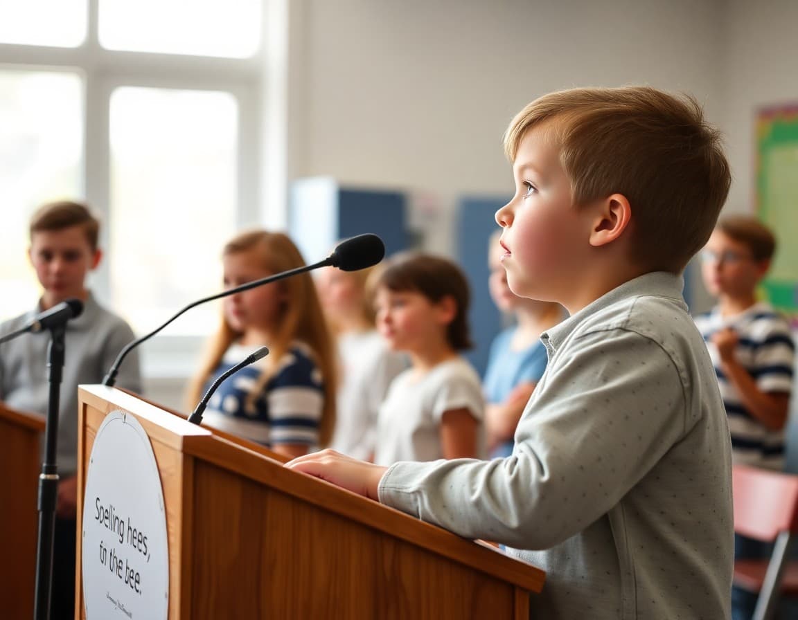 Elementary student spelling word aloud at podium during school spelling bee competition