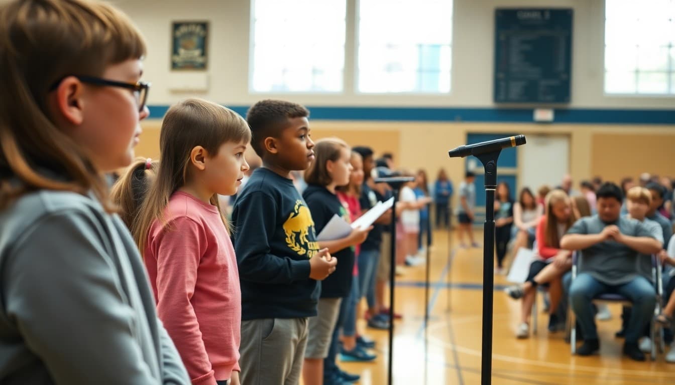 Students lining up at microphone during school spelling bee event in gymnasium with audience of parents