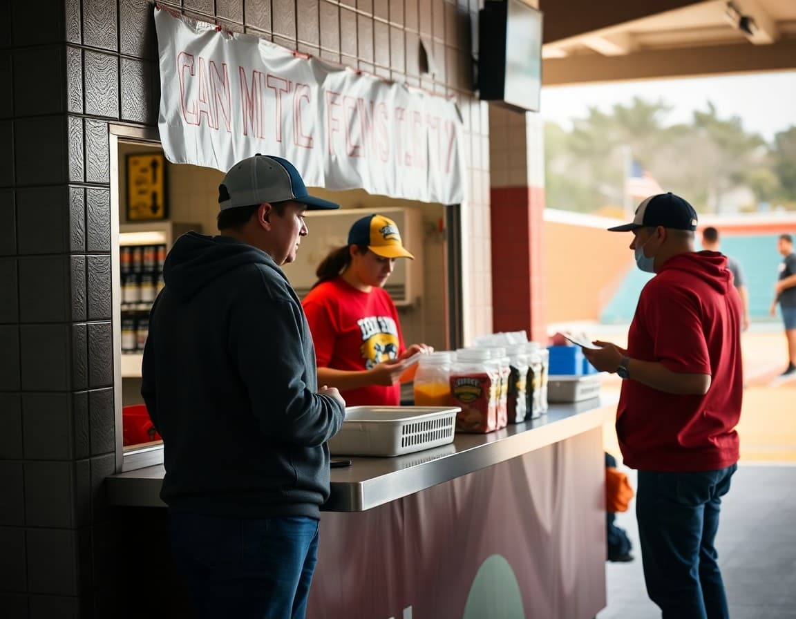 Booster club members setting up a concession stand at a school athletic event