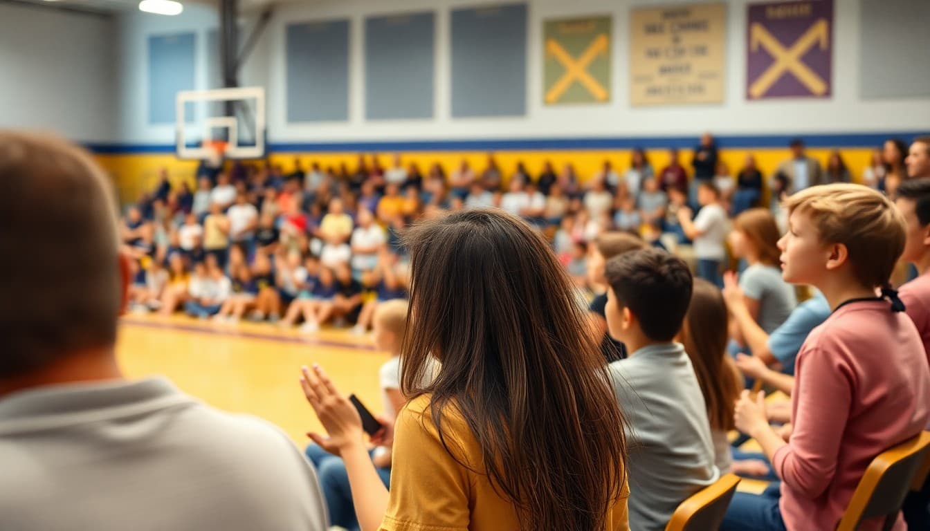 School basketball game with parents cheering in the stands at a packed gymnasium