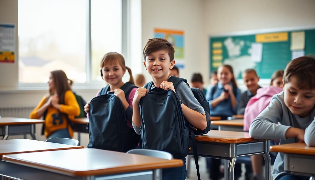 Students excitedly packing their backpacks at their desks on the last day before spring break