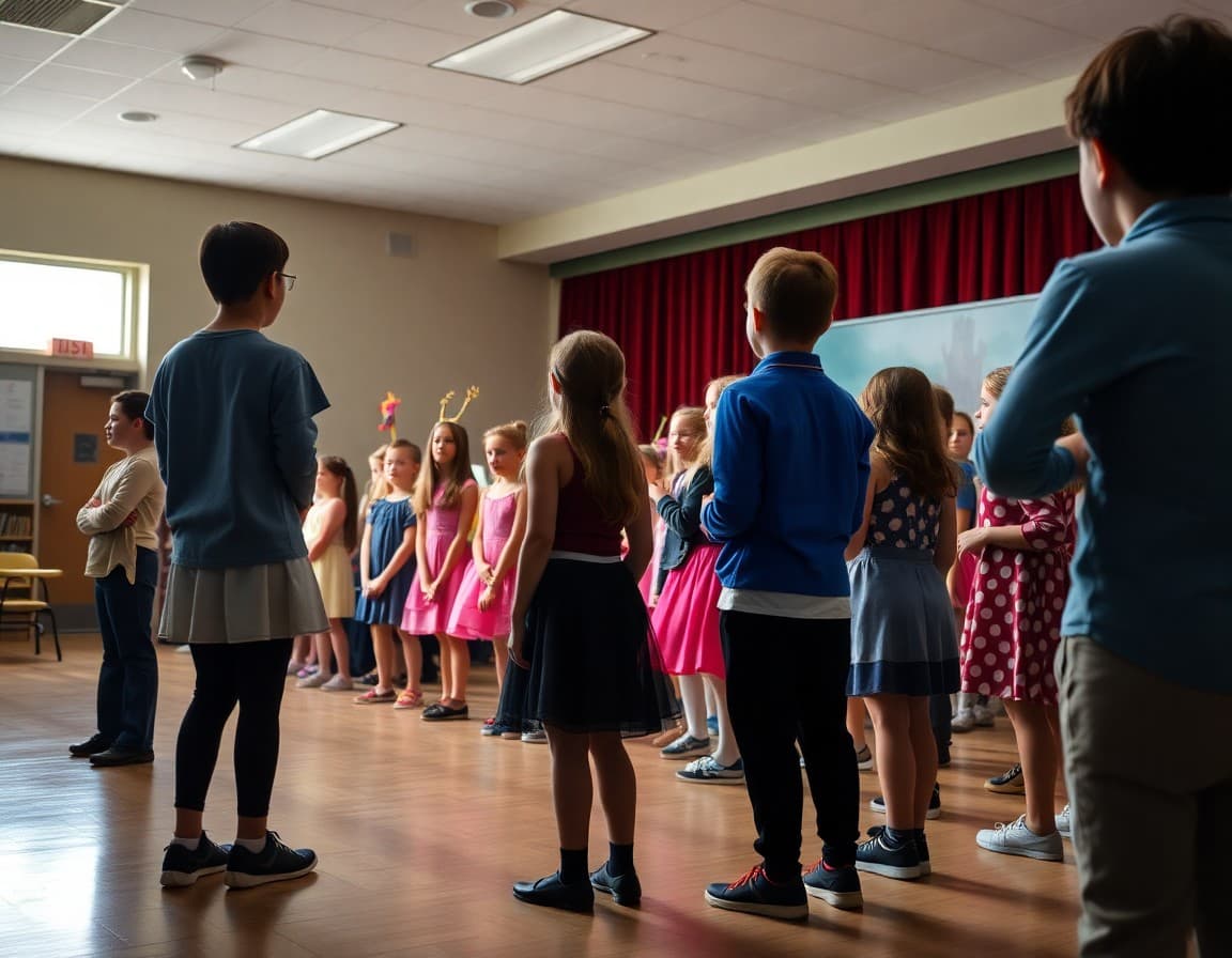 Rehearsal scene from a school spring musical with students in costumes on stage