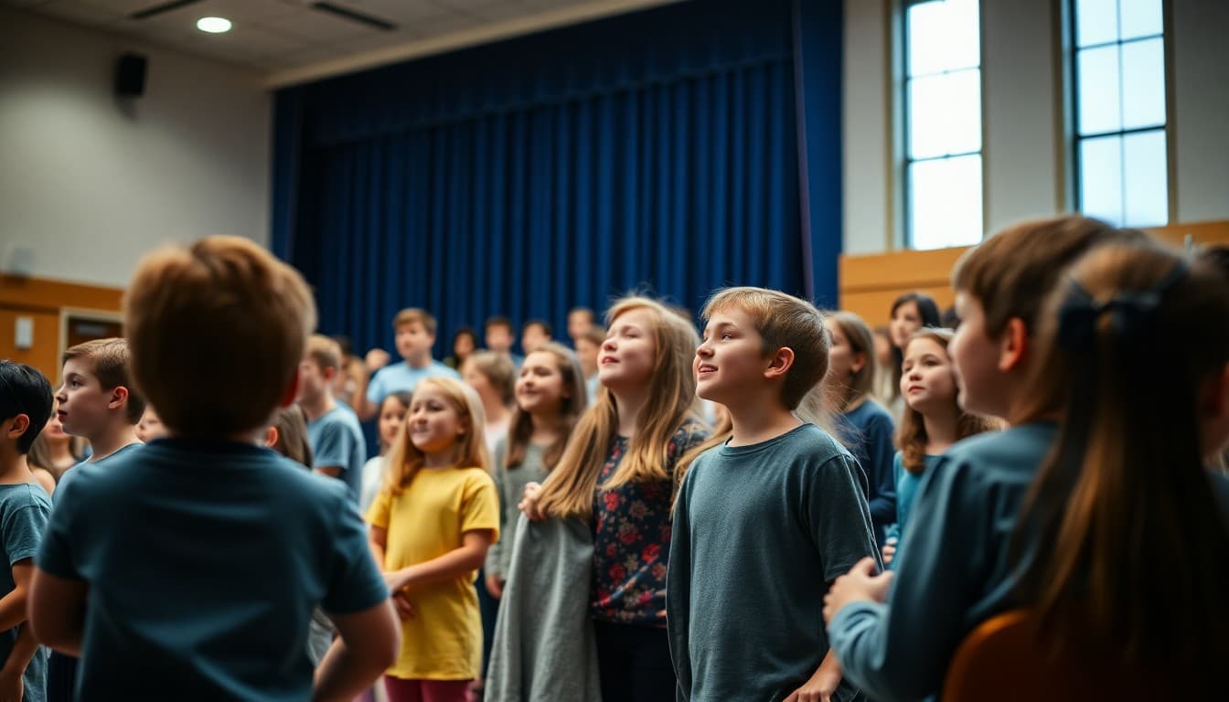 Students performing in a school spring musical production on an auditorium stage