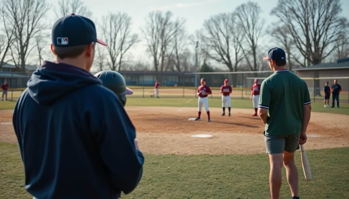 Baseball team practicing on school field in early spring with coaches supervising drills