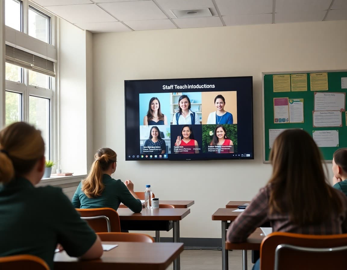 Staff change announcement newsletter showing new teacher introductions on a screen