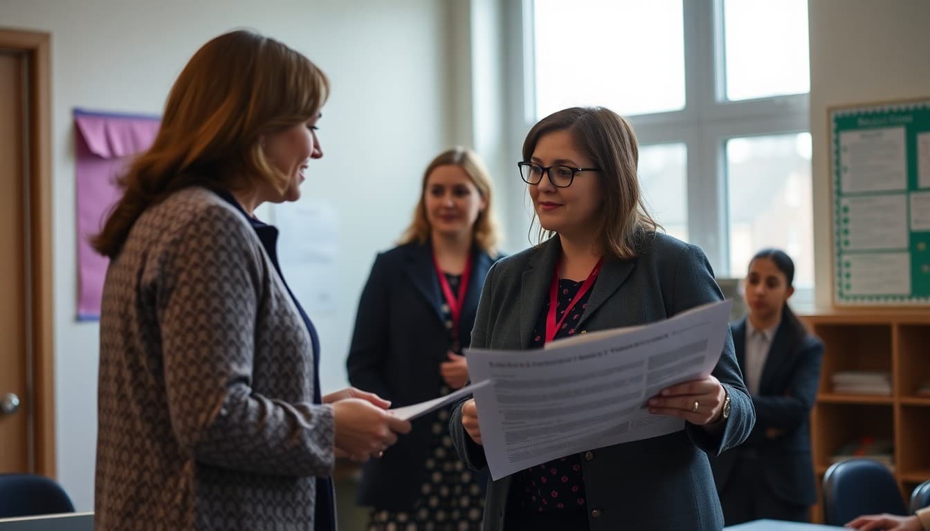 Principal welcoming a new teacher while preparing a staff change newsletter