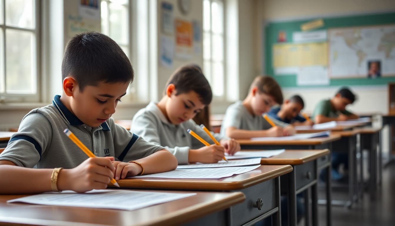 Students seated at desks with number two pencils completing a standardized test