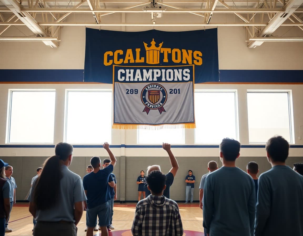 Championship banner being raised in a school gymnasium with students and staff watching