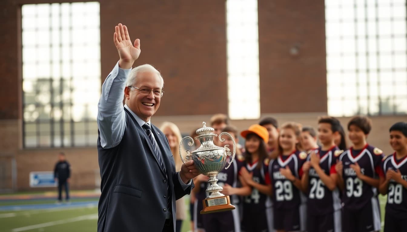 Principal celebrating with a championship-winning sports team holding a trophy on a field