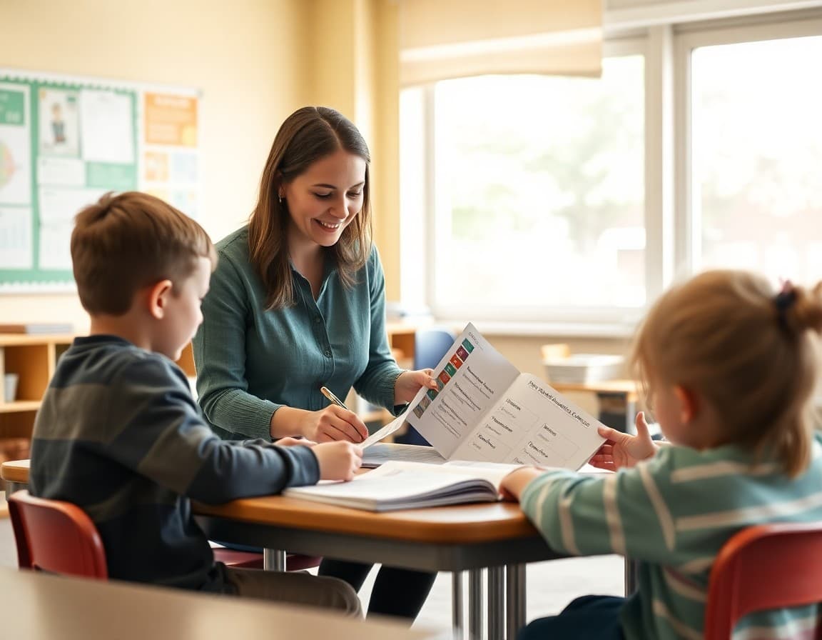 Elementary teacher working with a small group on phonics using structured literacy materials