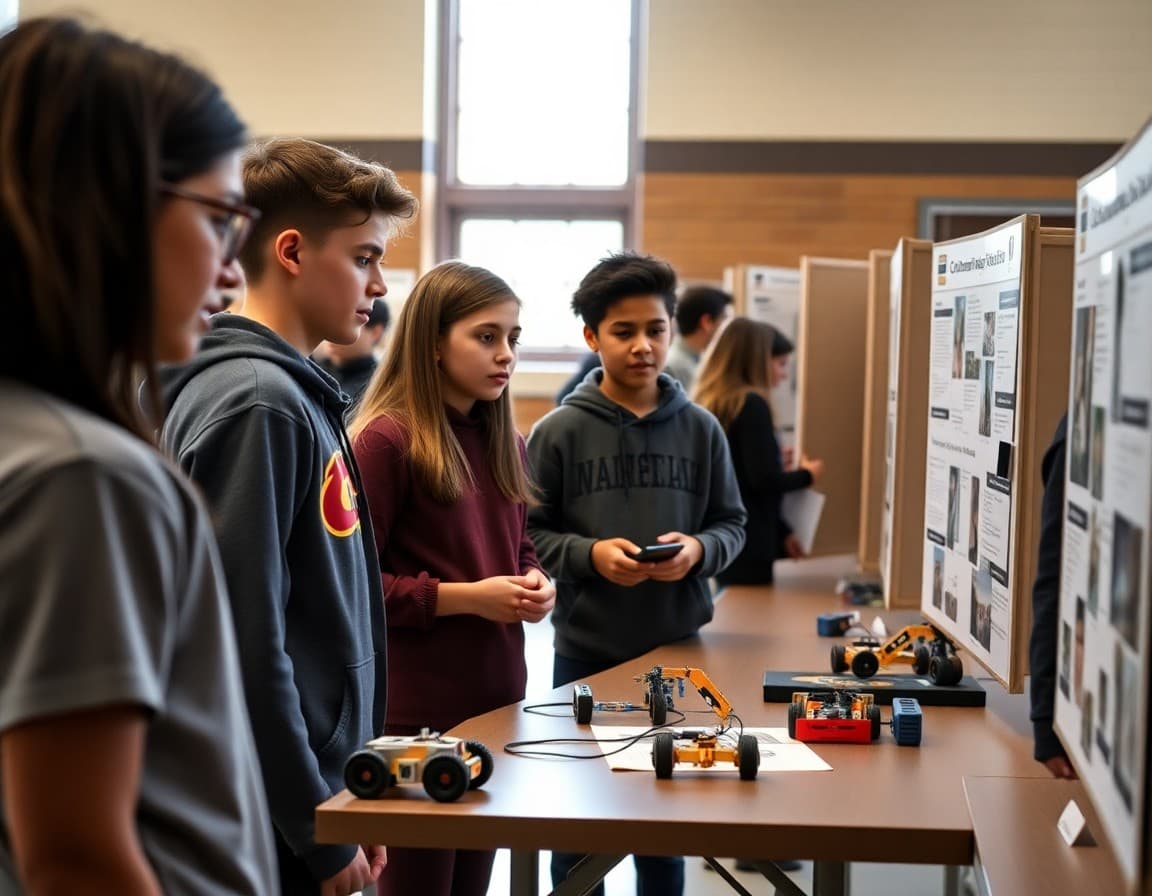 STEM fair project boards with robotics coding and engineering design displays in school hall