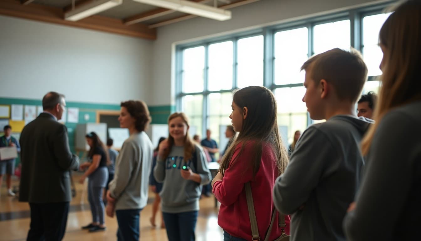Students presenting STEM fair projects to judges and visiting families in school gymnasium