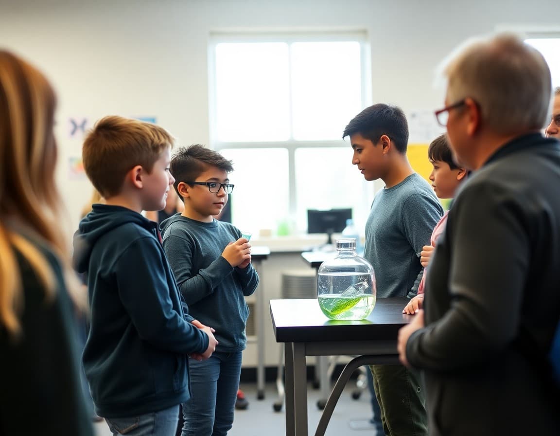 Fifth grade students presenting a science experiment to parents at STEM showcase night