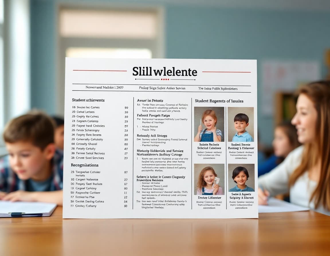 Student achievement newsletter showing award categories and recognition photos