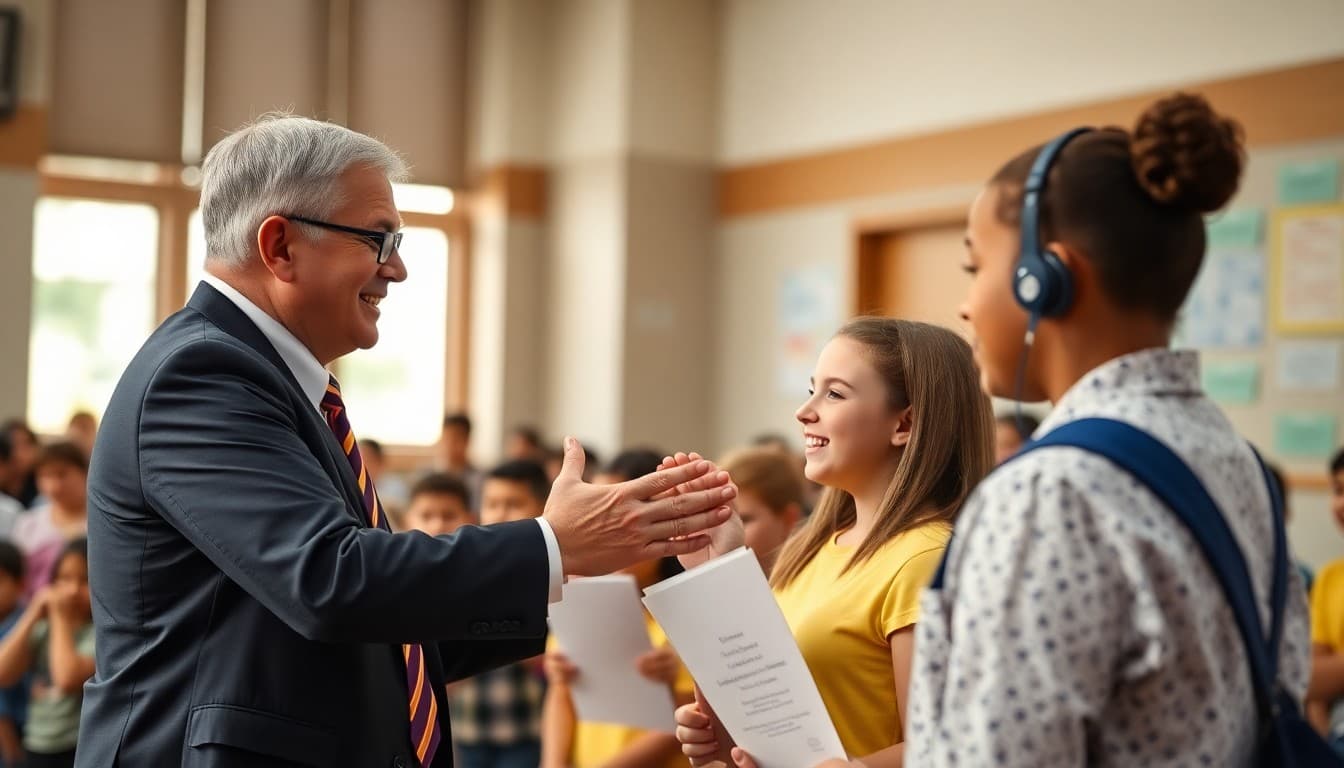 Principal congratulating students at an achievement celebration assembly