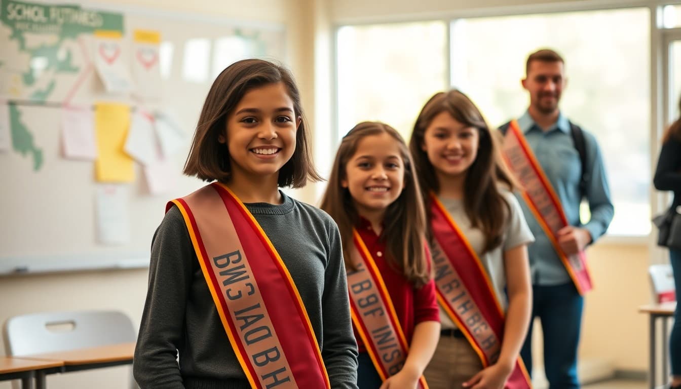 Student ambassadors wearing school sashes welcoming new families to a school open house event