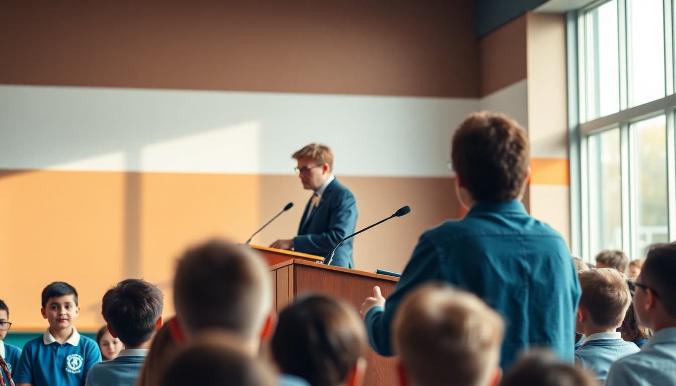 Principal at podium presenting awards to students at school assembly