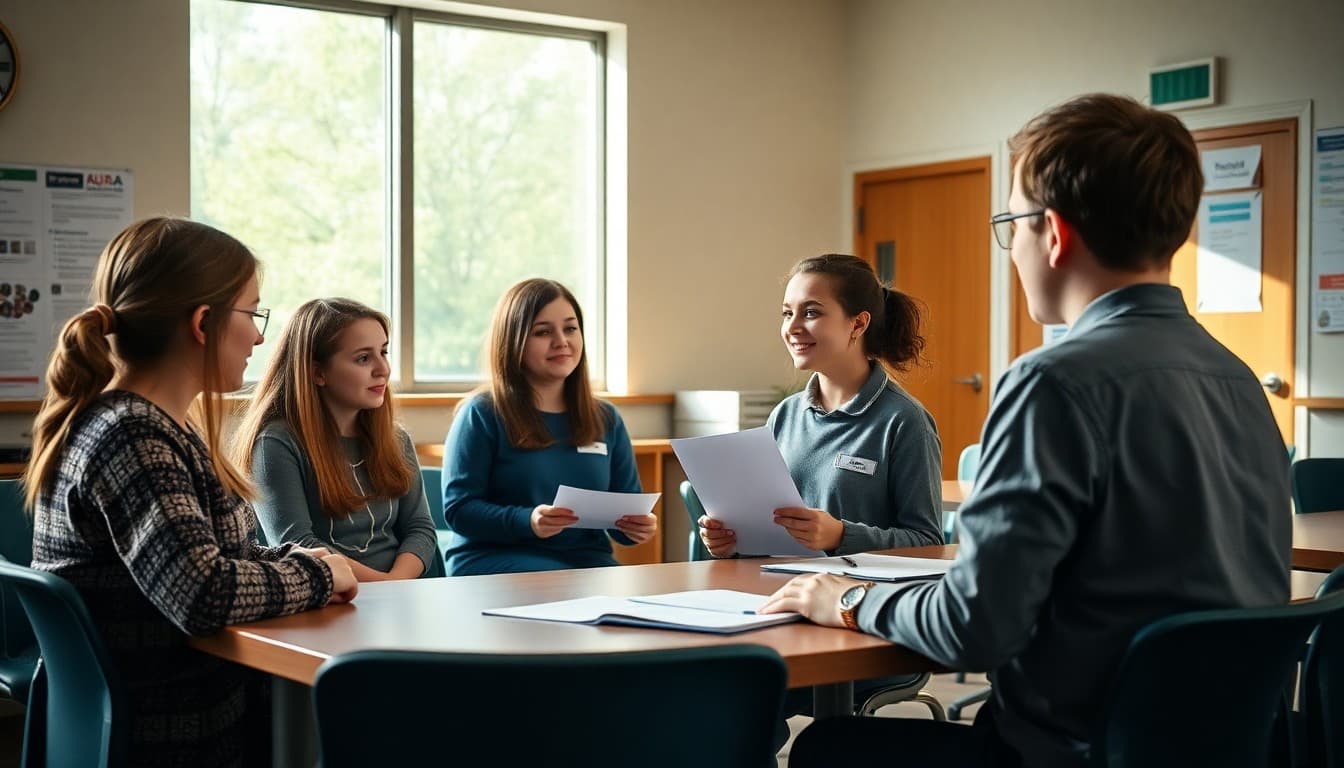 Student council members presenting a proposal to the principal and school staff in a meeting room
