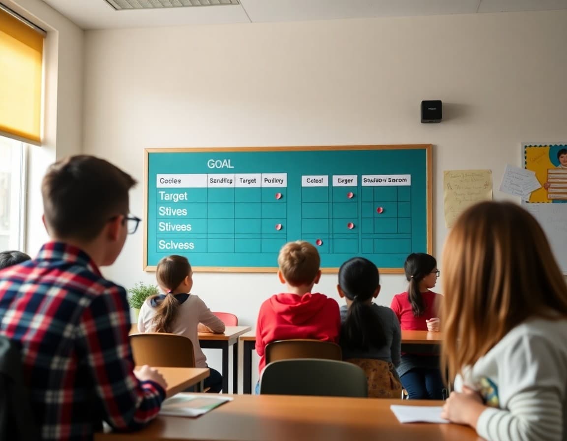 Student goal board on a classroom wall showing individual student targets and progress