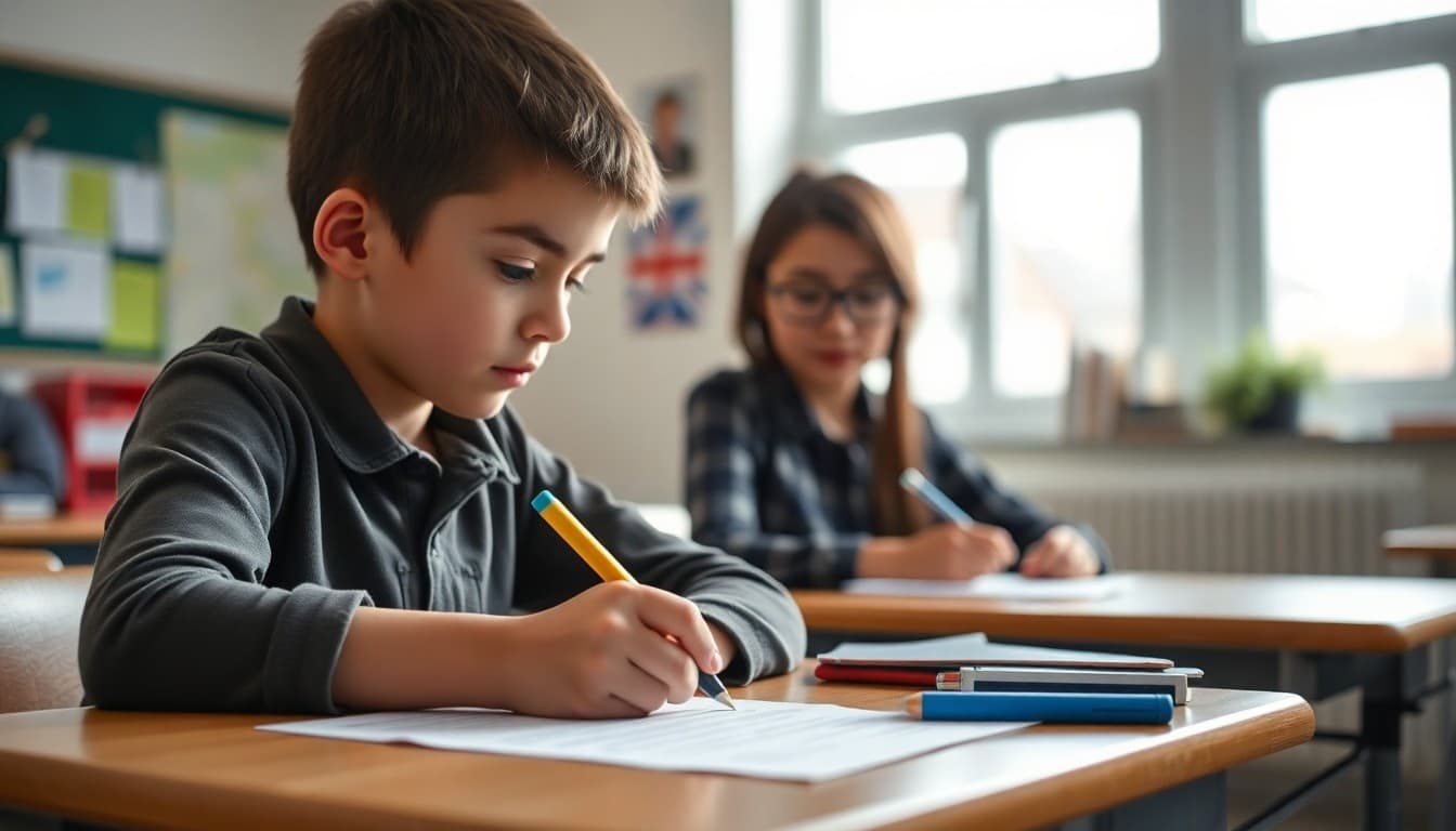 Student writing goals on a worksheet at their desk with a teacher nearby
