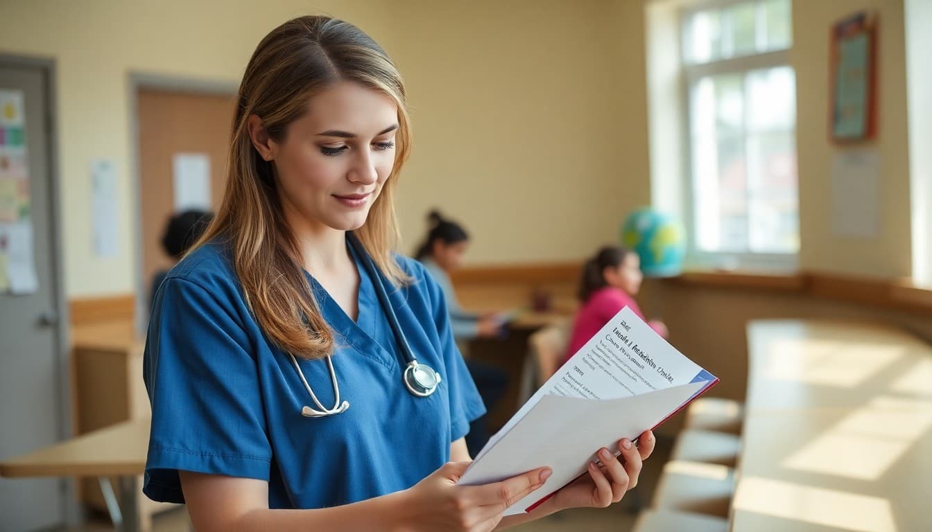 School nurse reviewing student health records in a bright school health clinic