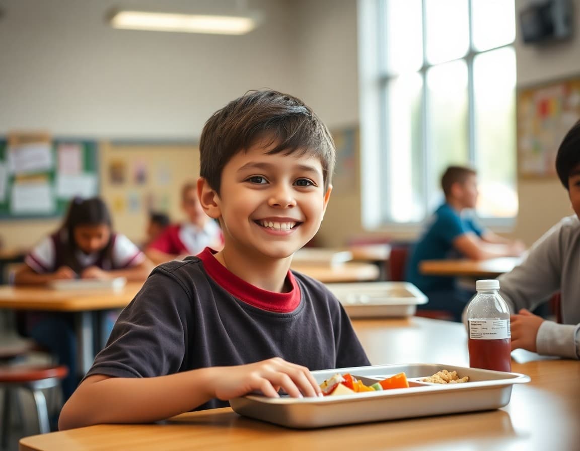 Student smiling at a lunch tray in a school cafeteria
