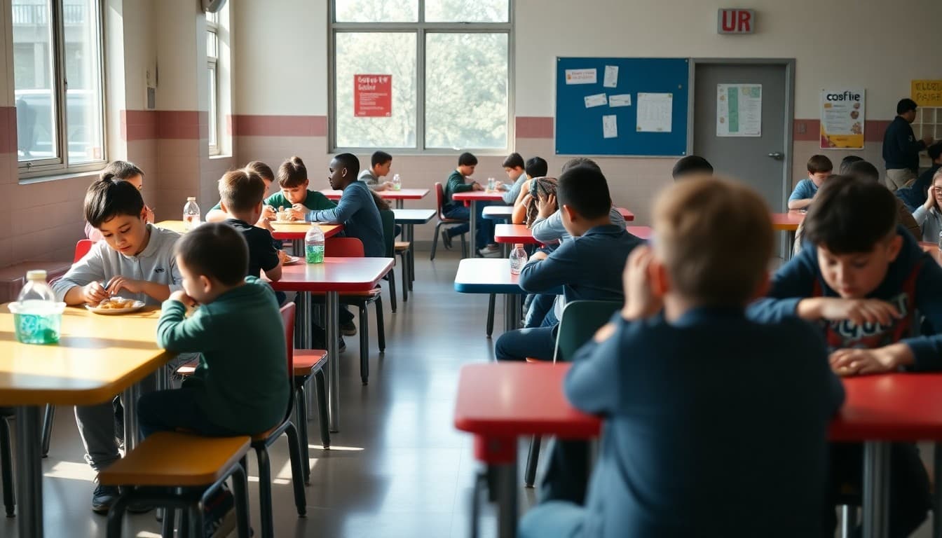 School cafeteria with students eating lunch at colorful tables
