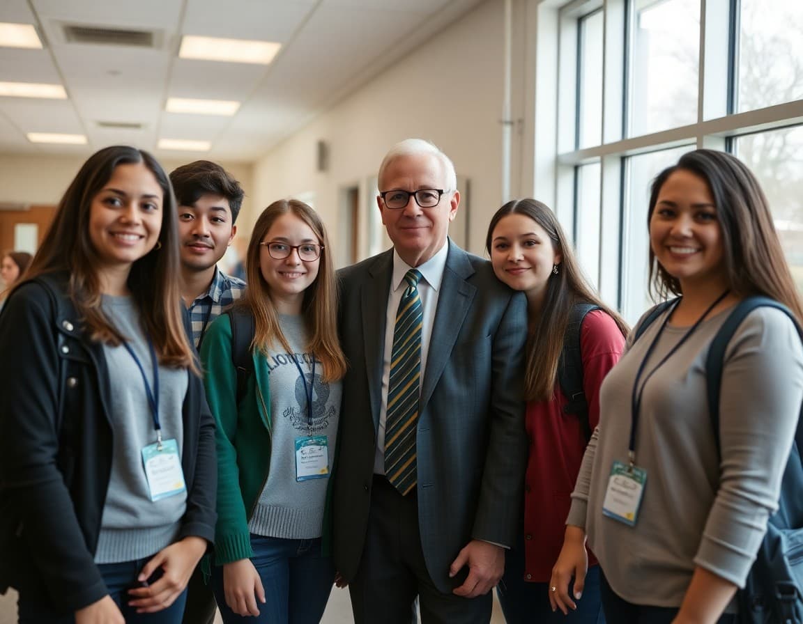Principal posing with student leadership conference delegates before departure in school lobby