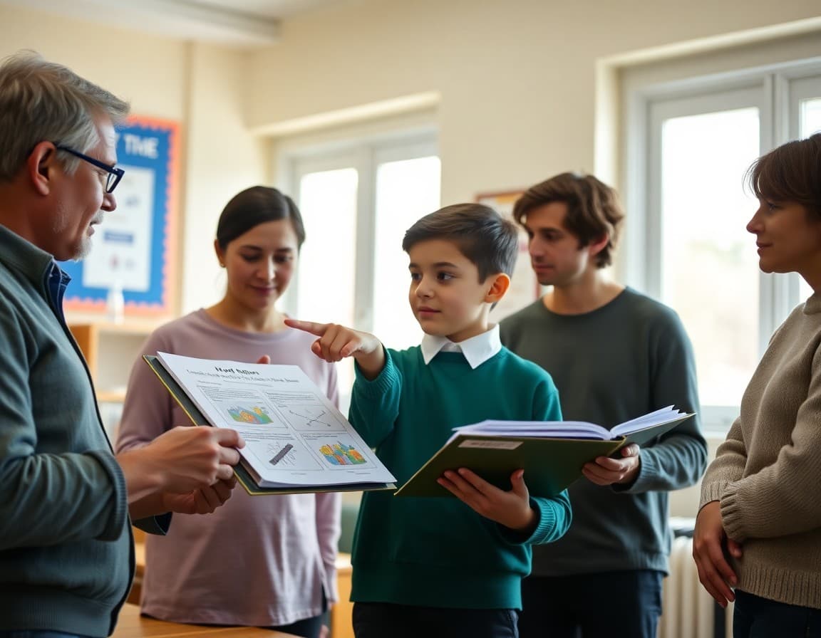 Student pointing to their work samples in an open binder while parents listen attentively