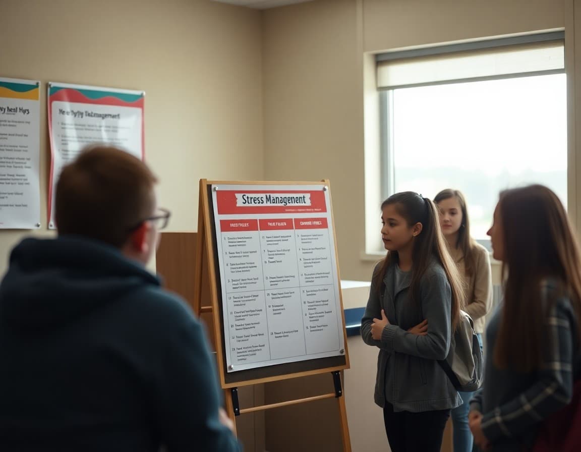 School mental health resource display with stress management tips in counseling office