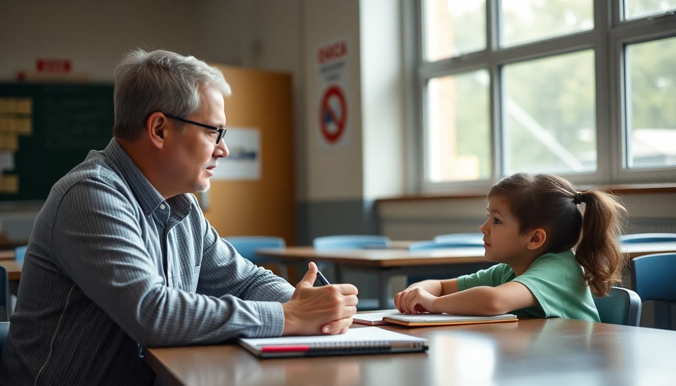 Adult mentor having a one-on-one conversation with a student at a school table