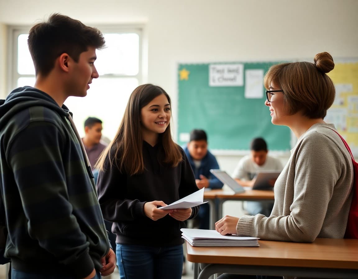 High school students interviewing teacher with notepad during journalism class for school newspaper