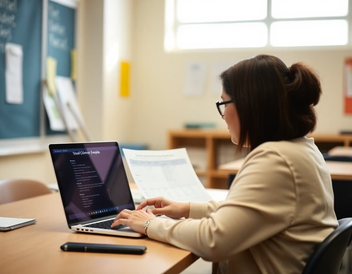 Administrator reviewing student climate survey results on laptop in school office
