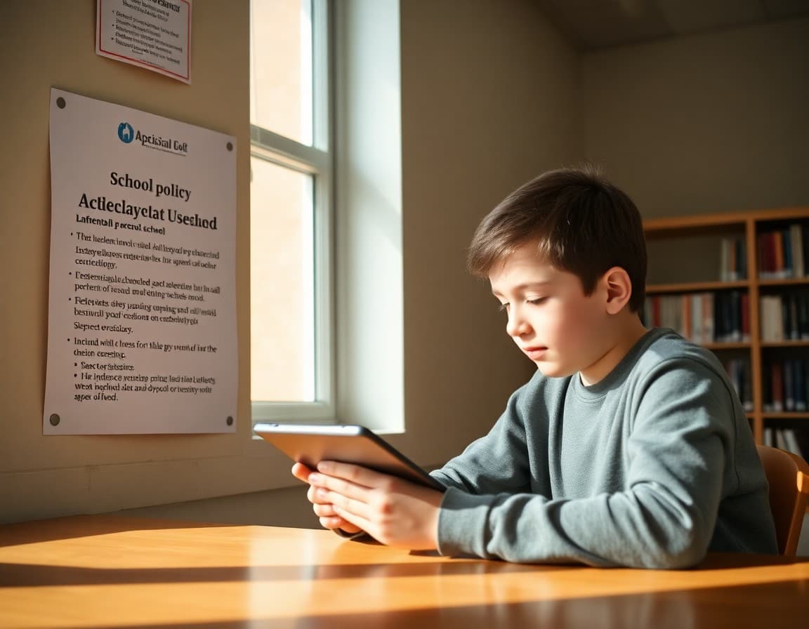 School acceptable use policy displayed alongside student working on tablet in library