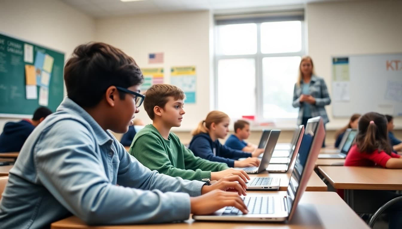 Middle school students using laptops in classroom with teacher circulating and monitoring