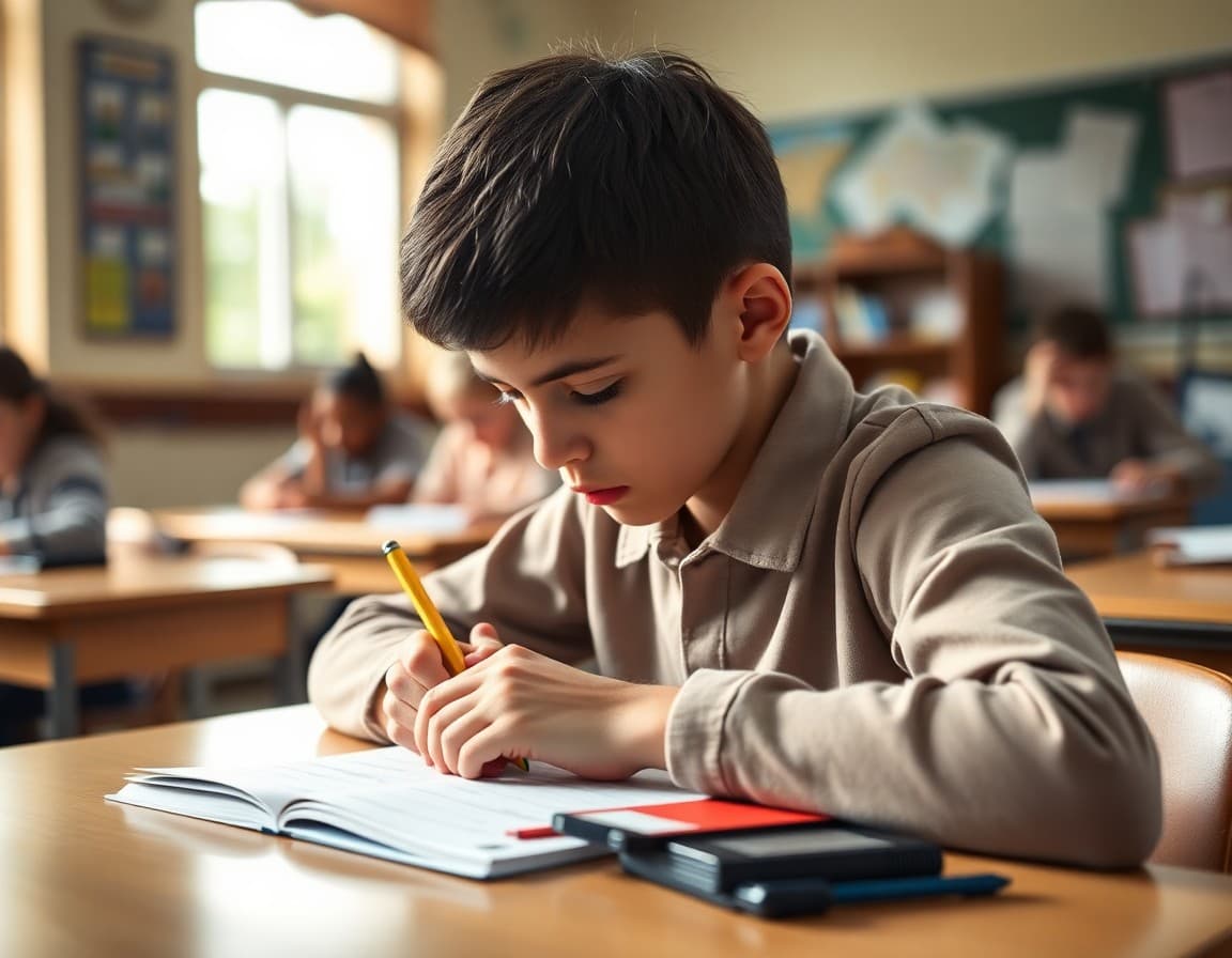 Student writing for the school newsletter at a desk in a classroom