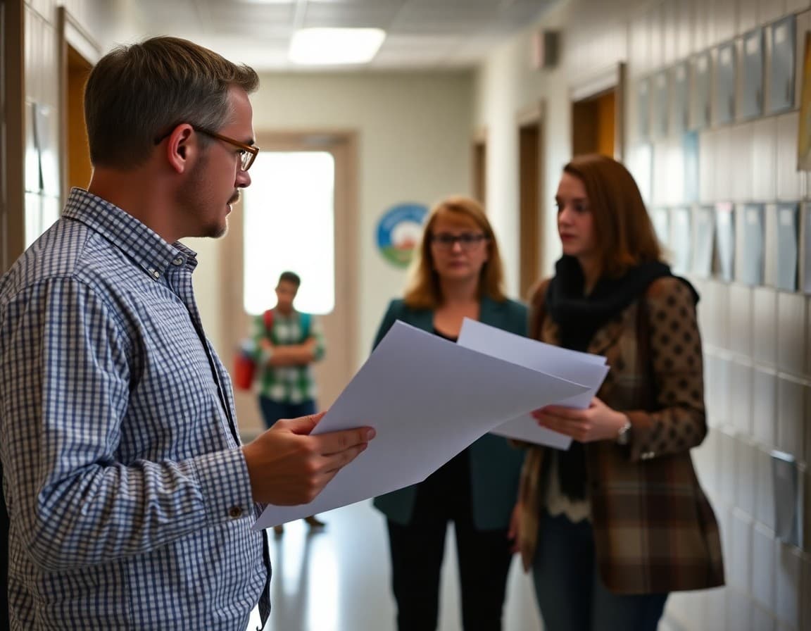 Substitute teacher reviewing lesson plans with department head in school hallway before class