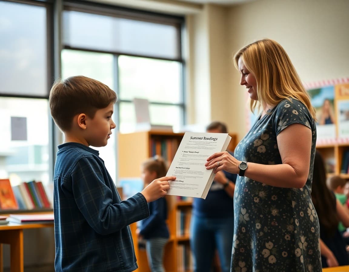 School librarian handing summer reading list to student and parent at end-of-year event