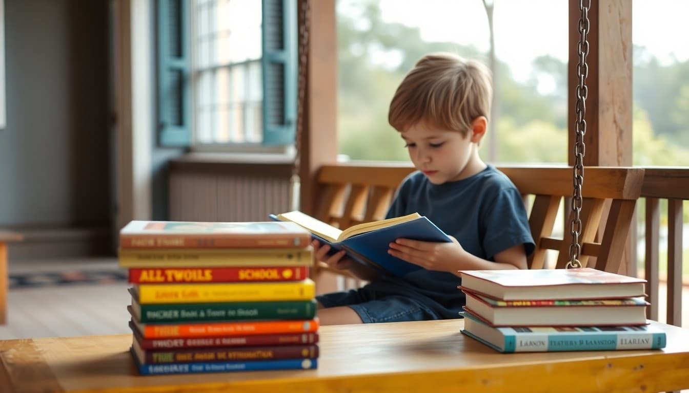Child reading book on porch swing during summer with stack of library books on table beside them