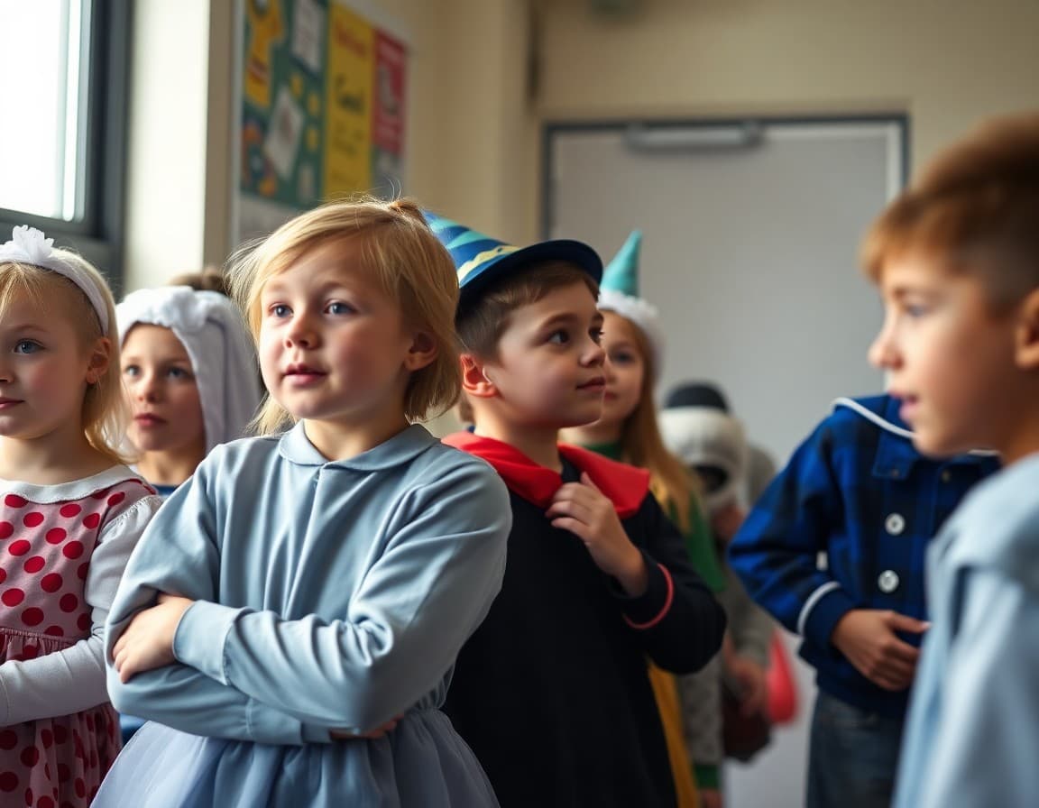 Students in costumes waiting backstage at school talent show with nervous excitement