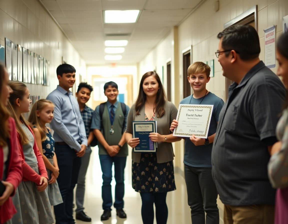 District teacher award nominee with students and principal in school hallway celebration