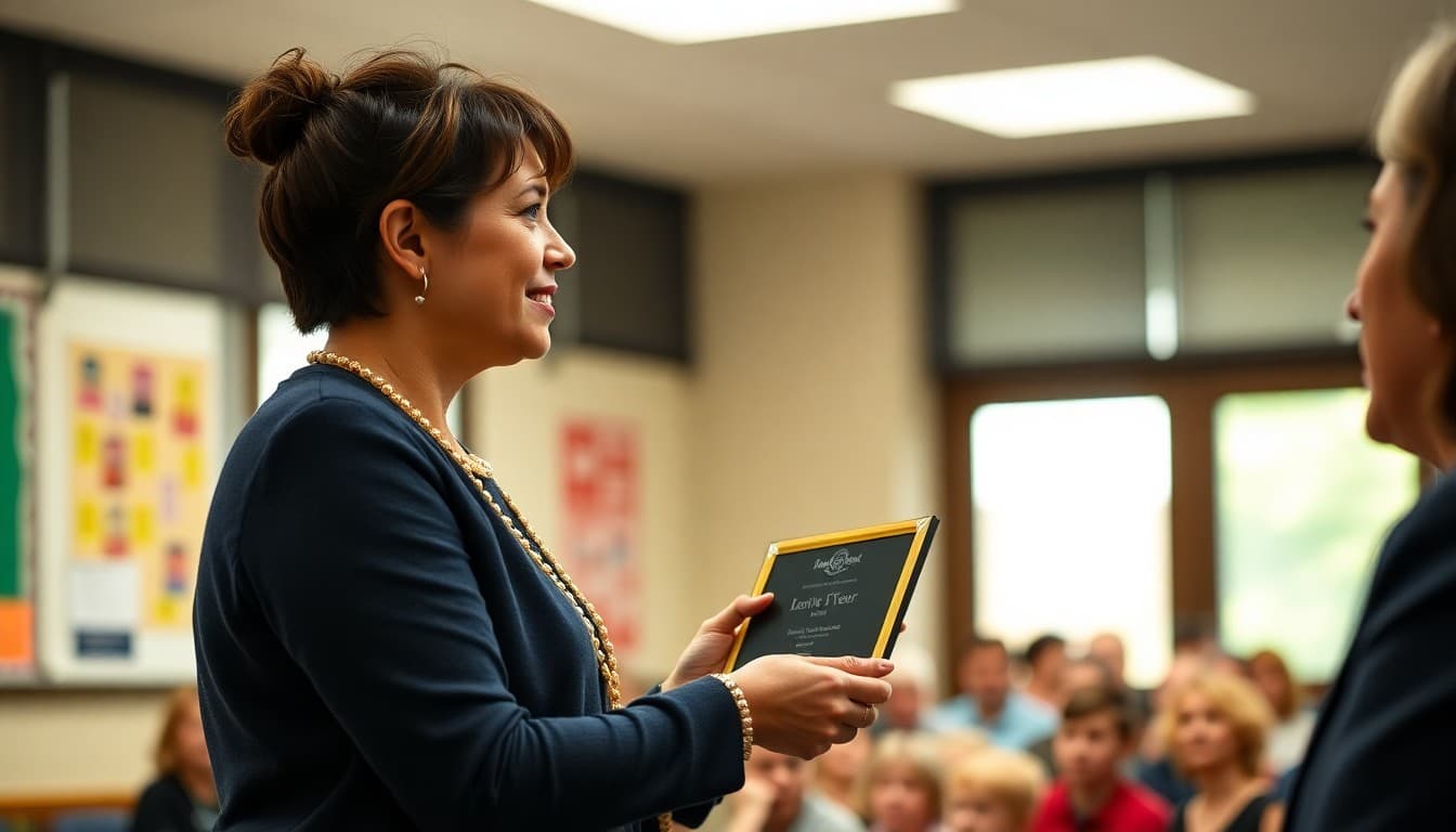 Teacher receiving Teacher of the Year award from superintendent at district ceremony