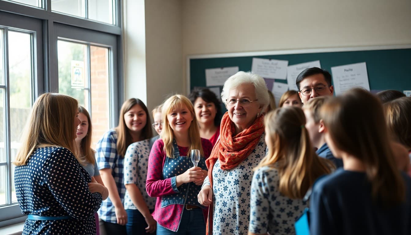 Staff and students gathering to farewell departing longtime teacher at school celebration