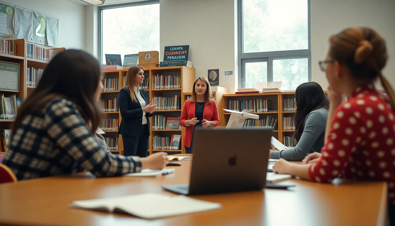 Teacher leader presenting professional development workshop to colleagues in school library