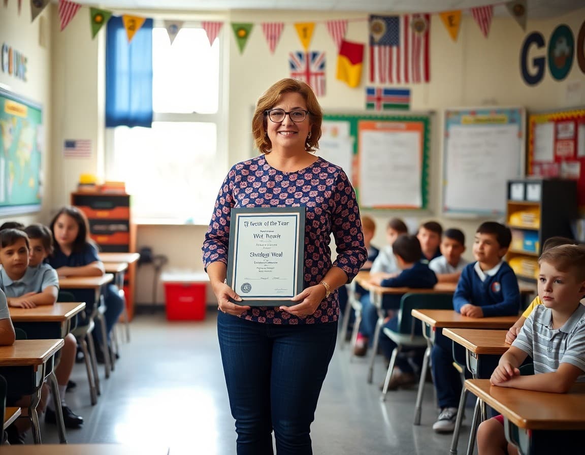 Teacher of the year recipient standing in their decorated classroom surrounded by students