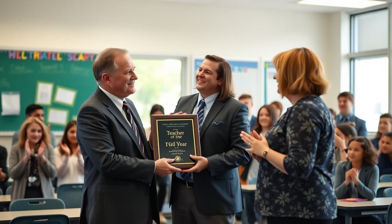 Principal presenting a Teacher of the Year plaque to a teacher in front of applauding staff